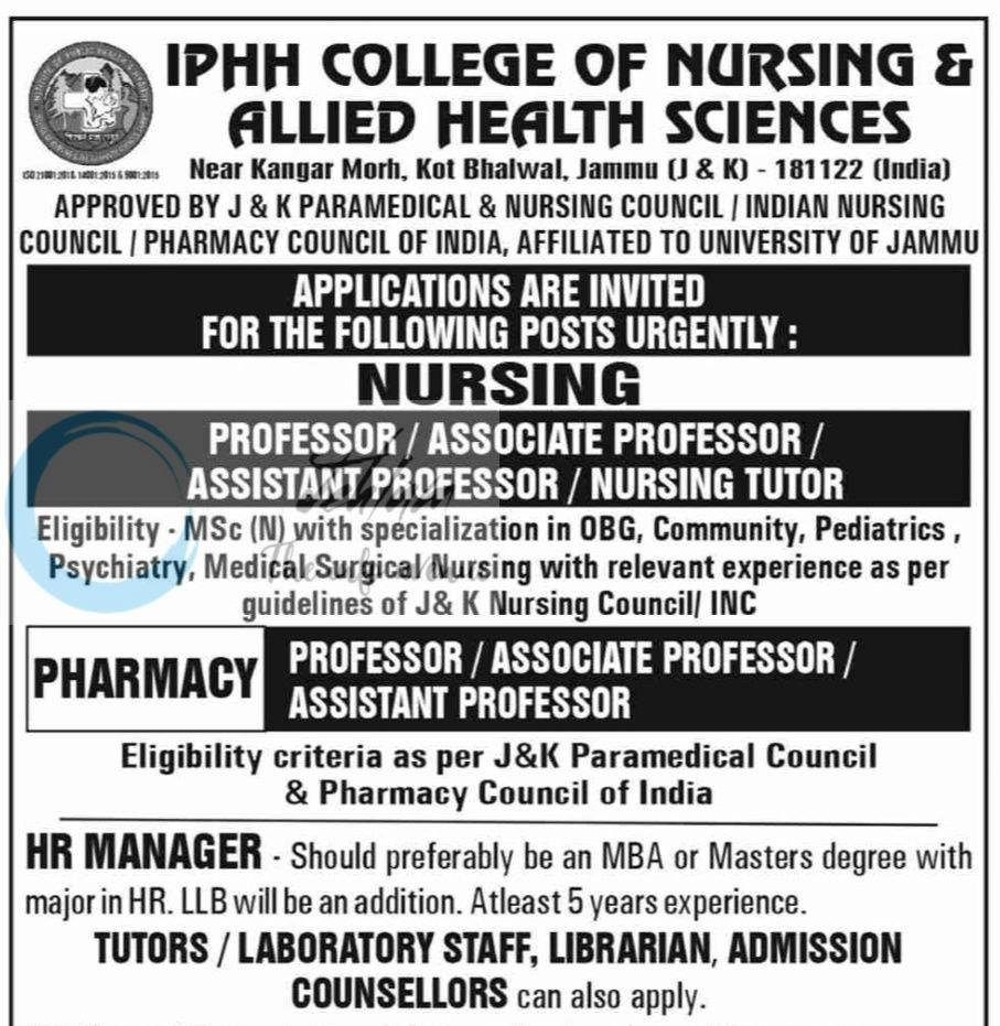 IPHH College of Nursing and Allied Health Sciences IPHH Jammu Professor Nursing and Pharmacy job opportunities 2026