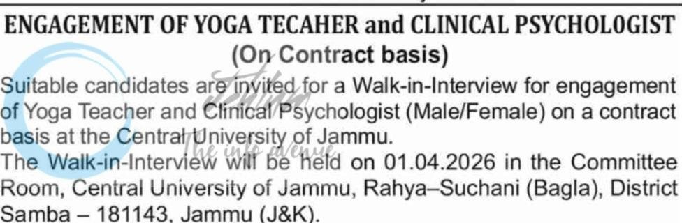 Central University of Jammu CUJ Samba Yoga Teacher/ Clinical Psychologist Recruitment Advt Notice CUJ/Reg/2026/219