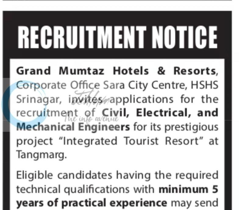 Grand Mumtaz Hotels and Resorts Srinagar Civil Electrical and Mechanical Engineers job opportunities 2026