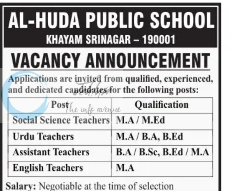 Al Huda Public School Srinagar Social Science Teachers Urdu Teachers Assistant Teachers English Teachers job opportunities 2026