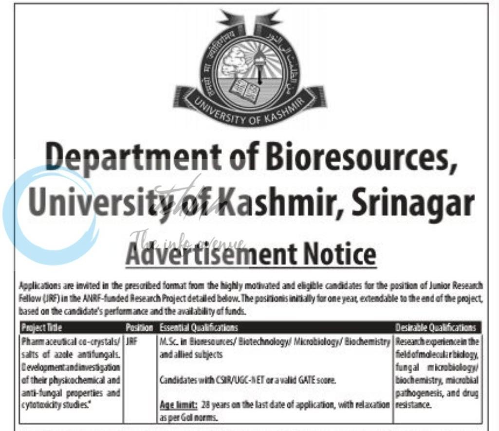 University of Kashmir KU Department of Bioresources Srinagar Junior Research Fellow job opportunities notice Rec-DBT/ANRF/Bio-res/KU-26/1