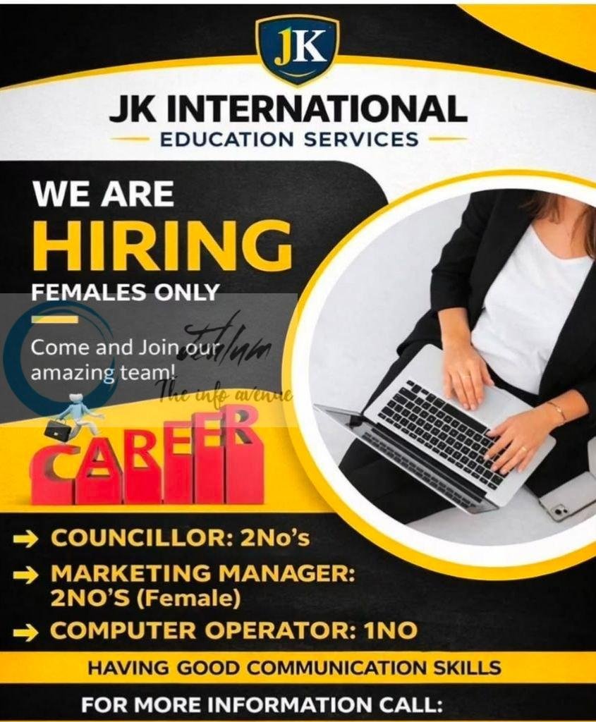 JK International Education Services Srinagar Councillor Marketing Manager Computer Operator job opportunities 2026