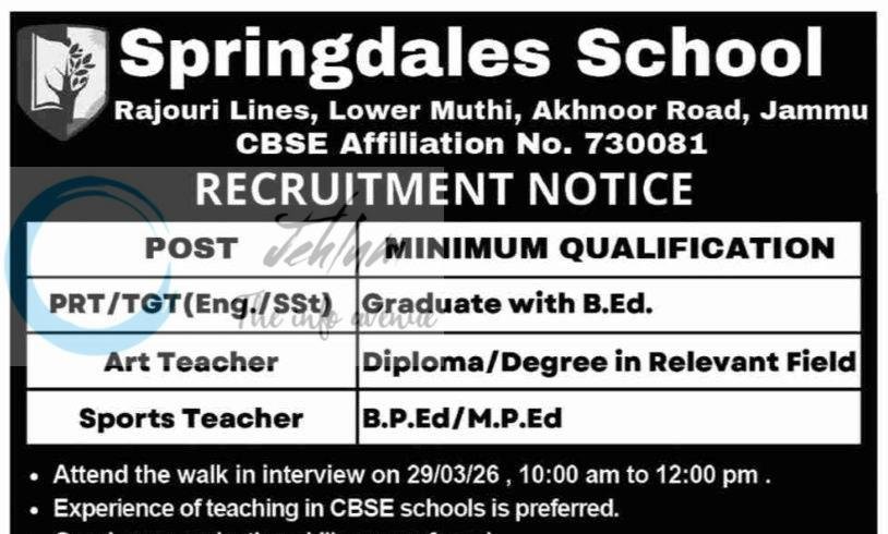 Springdales School JAMMU PRT TGT Art Teacher Sports Teacher job opportunities 2026