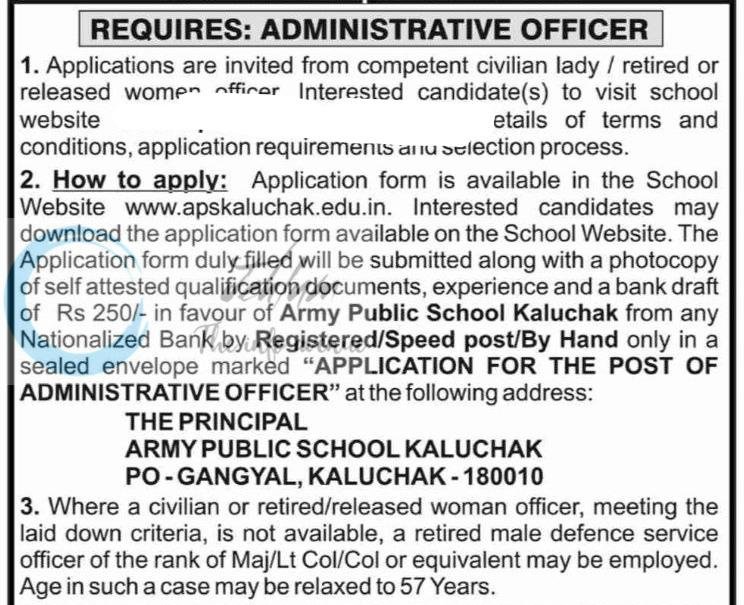 Army Public School Kaluchak APS Administrative Officer Jammu job opportunities 2026