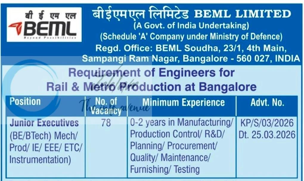 BEML LIMITED BEML Ministry of Defence Bangalore Junior Executives job opportunities notice KP/S/03/2026