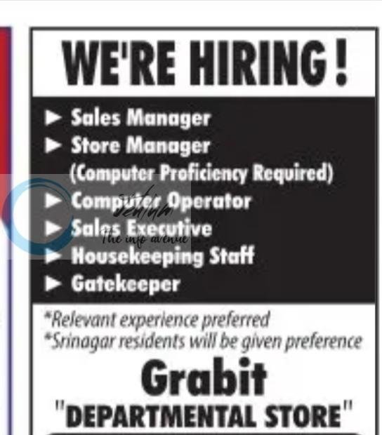 Grabit Departmental Store Srinagar Sales Manager Store Manager Computer Operator job opportunities 2026