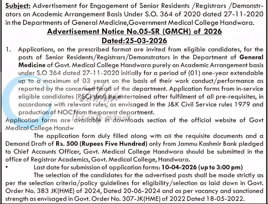 Government Medical College GMC Handwara General Medicine Senior Residents Registrars Demonstrators employment opportunities notice 05-SR GMCH of 2026