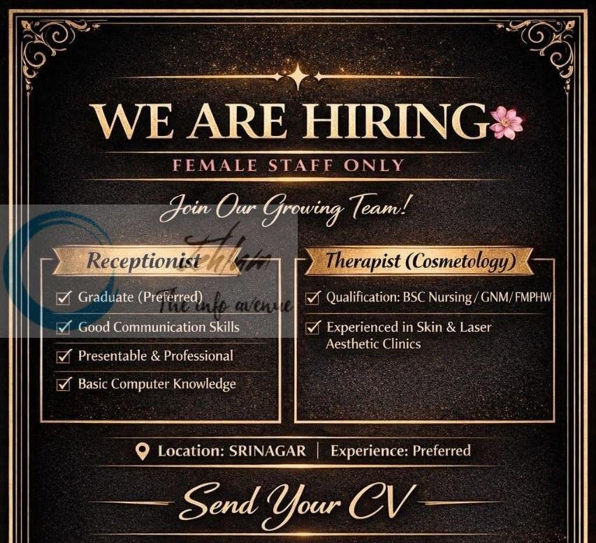 HRITC Groups Srinagar Receptionist Therapist Cosmetology job opportunities 2026