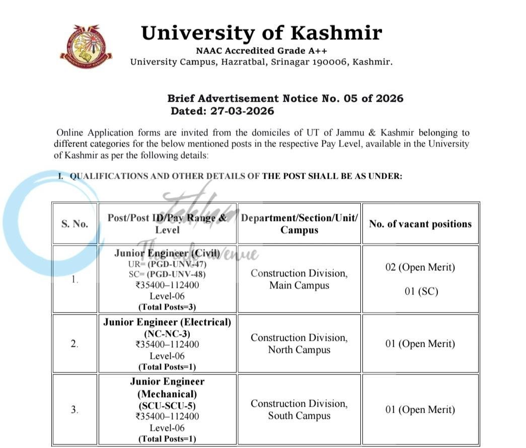 Kashmir University KU Construction Division Srinagar Junior Engineer employment opportunities notice 05 of 2026