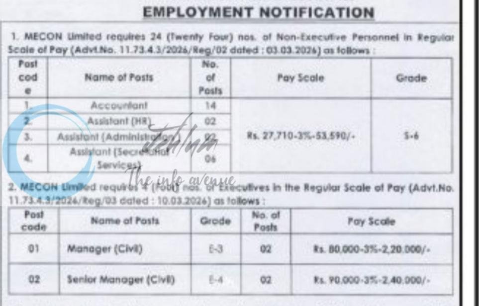 MECON Limited MECON Ranchi Accountant Manager Senior Manager job opportunities notice 11/73/4/3/2026/Reg/02