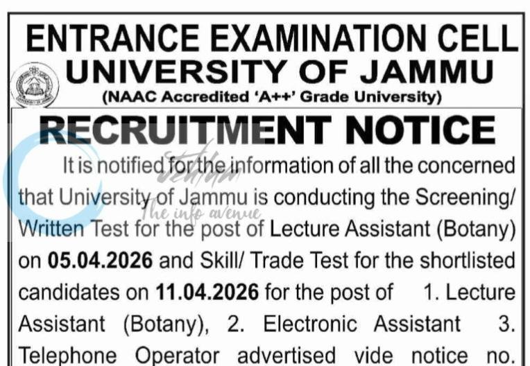 University of Jammu JU Entrance Examination Cell Lecture Assistant/ Electronic Assistant/ Telephone Operator Jobs Advertisement JU/EEC/26/615