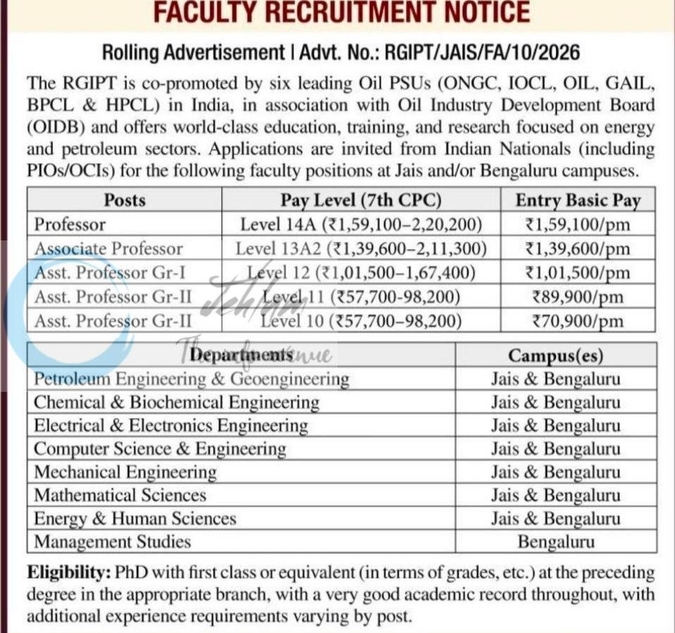 Rajiv Gandhi Institute of Petroleum Technology RGIPT Jais Professor Associate Professor Assistant Professor job opportunities notice RGIPT/JAIS/FA/10/2026