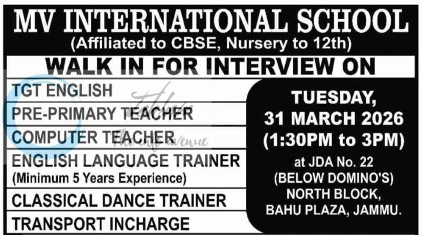 MV INTERNATIONAL SCHOOL Jammu Teaching Jobs Walk-in Interview Notification 2026 1 MV INTERNATIONAL SCHOOL Jammu Teaching Jobs Walk-in Interview Notification 2026