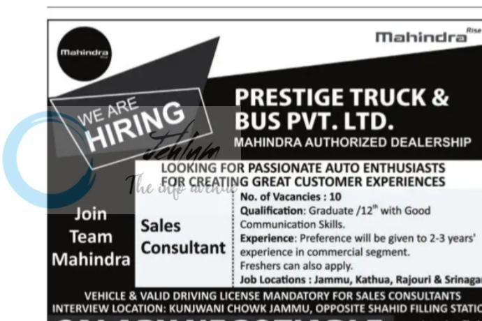Prestige Truck and Bus Pvt Ltd Mahindra Jammu Sales Consultant job opportunities 2026