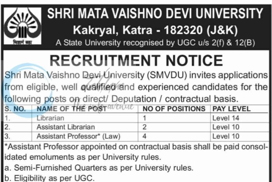 Shri Mata Vaishno Devi University SMVDU Katra Librarian/ Assistant Librarian/ Assistant Professor Recruitment Notice SMVDU/Adm/Estab/Rect-Adv/1 of 2026/2736 1 SMVDU Katra Librarian/ Assistant Librarian/ Assistant Professor Recruitment Notice SMVDU/Adm/Estab/Rect-Adv/1 of 2026/2736