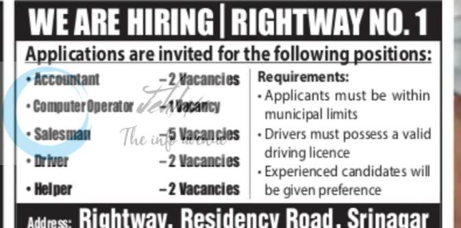 Rightway No 1 Srinagar Accountant Computer Operator Salesman job opportunities 2026