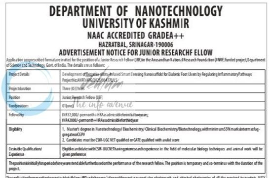 University of Kashmir KU Department of Nanotechnology Srinagar Junior Research Fellow job opportunities notice FANRF-ARG-JRF-Adv/NT/KU/2026