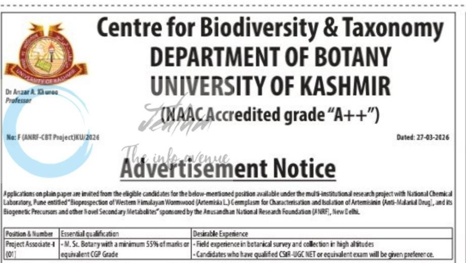 University of Kashmir KU Department of Botany Srinagar Project Associate-I job opportunities notice F/ANRF-CBT Project/KU/2026 University of Kashmir KU Department of Botany Srinagar Project Associate-I job opportunities notice F/ANRF-CBT Project/KU/2026 University of Kashmir KU Department of Botany Srinagar Project Associate-I job opportunities notice F/ANRF-CBT Project/KU/2026 University of Kashmir KU Department of Botany Srinagar Project Associate-I job opportunities notice F/ANRF-CBT Project/KU/2026