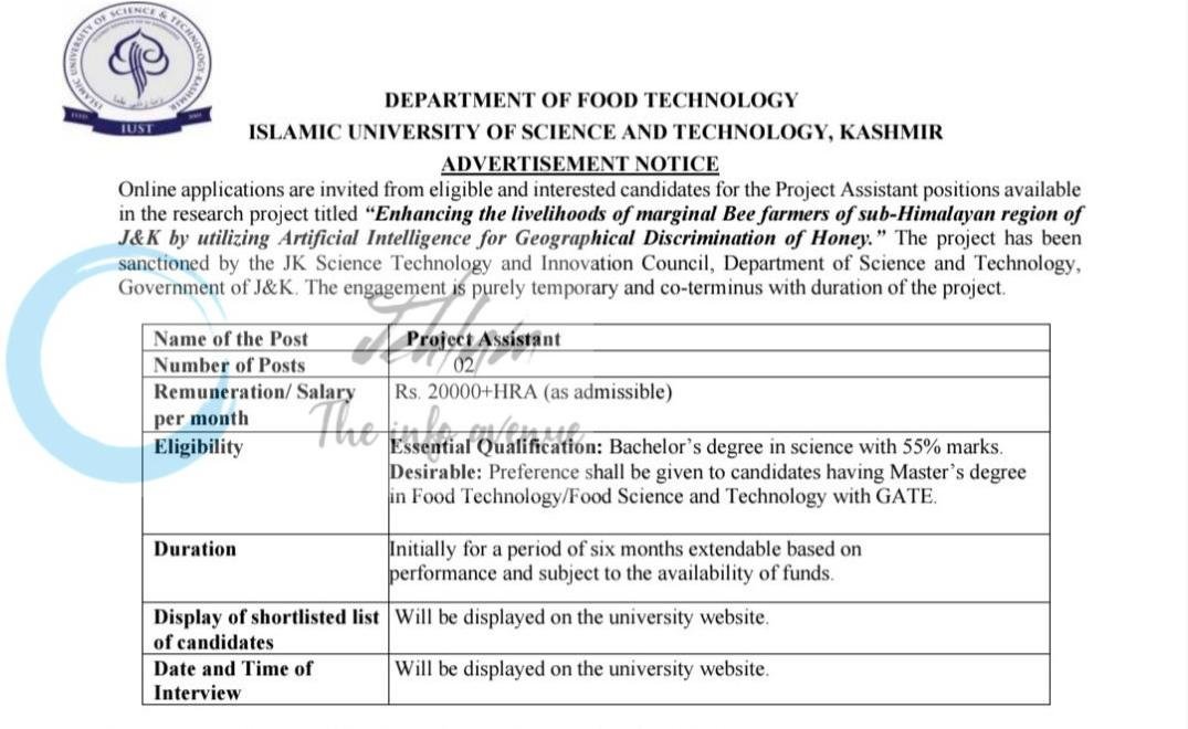 Islamic University of Science and Technology IUST Department of Food Technology Kashmir Project Assistant job opportunities notice IUST/DoFT/ITandSS/26/215