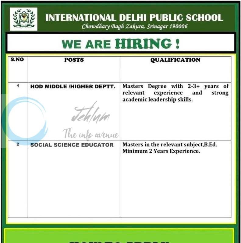 International Delhi Public School IDPS Srinagar HOD Social Science Educator job opportunities 2026