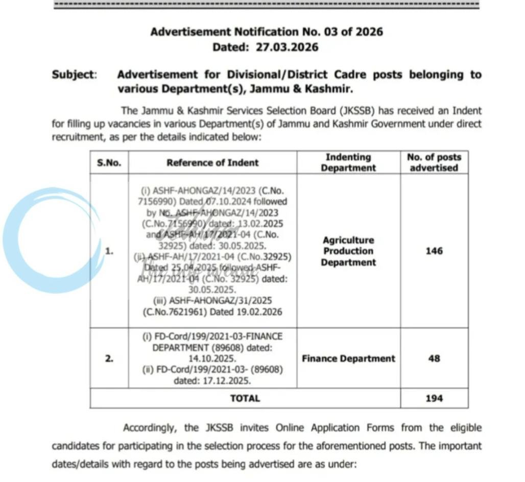 Jammu and Kashmir Services Selection Board JKSSB Divisional District Cadre Posts Advertisement Notice 03 of 2026 1 Jammu and Kashmir Services Selection Board JKSSB Divisional District Cadre Posts Advertisement Notice 03 of 2026