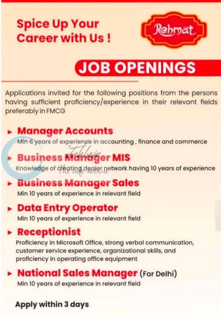 Rehmat Banday Impex Srinagar Manager Accounts Business Manager MIS Business Manager Sales job opportunities 2026