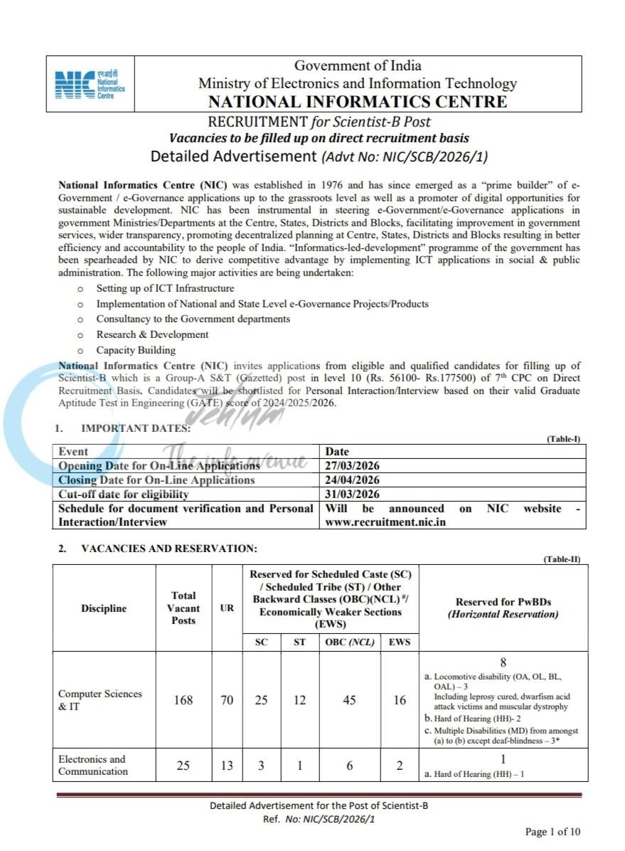 National Informatics Centre NIC Scientist-B job opportunities notice NIC/SCB/2026/1