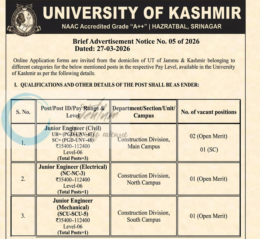 Kashmir University KU Construction Division Srinagar Junior Engineer job opportunities notice 05 of 2026