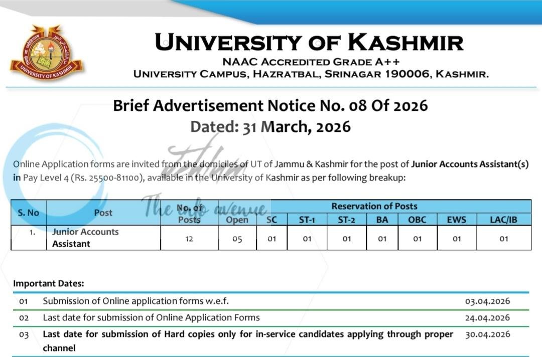 Kashmir University KU Recruitment Junior Accounts Assistant Jobs Advertisement Notice 08 Of 2026 1 Kashmir University KU Recruitment Junior Accounts Assistant Jobs Advertisement Notice 08 Of 2026