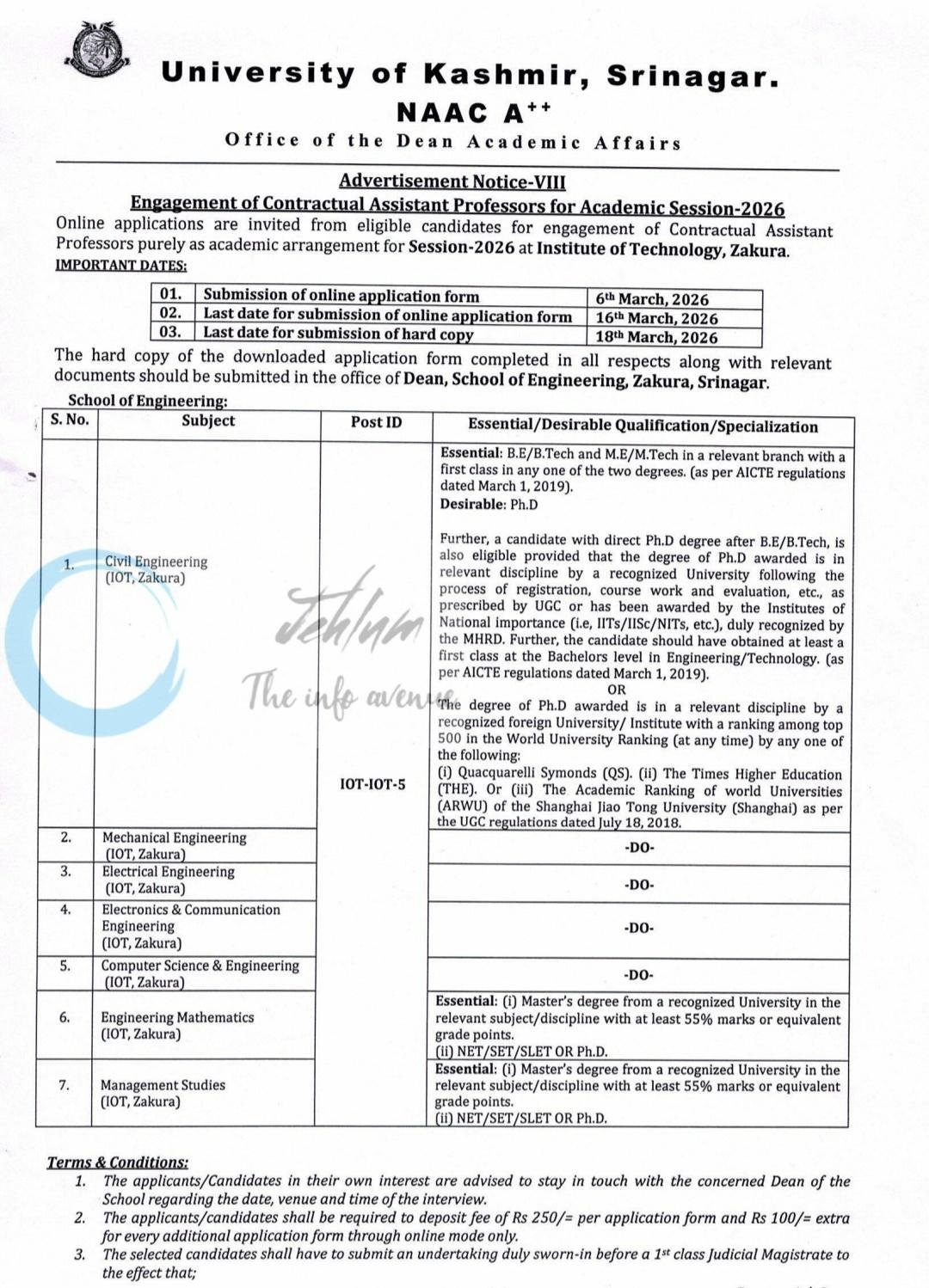 University of Kashmir KU Srinagar Institute of Technology IOT Assistant Professors Recruitment Advertisement Notice-VIII 2026 1 University of Kashmir KU Srinagar Institute of Technology IOT Assistant Professors Recruitment Advertisement Notice-VIII 2026