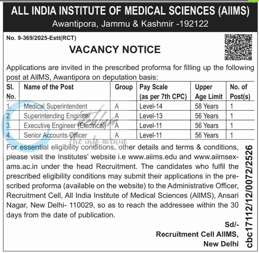All India Institute of Medical Sciences AIIMS Awantipora Medical Superintendent/ Superintending Engineer/ Executive Engineer Recruitment Advt 9-369/2025-Estt-RCT 1 AIIMS Awantipora Medical Superintendent/ Superintending Engineer/ Executive Engineer Recruitment Advt 9-369/2025-Estt-RCT