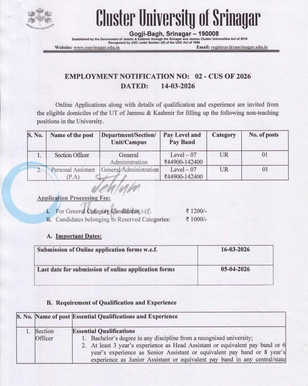 Cluster University of Srinagar CUS Non-Teaching Employment Notification No 02-CUS of 2026
