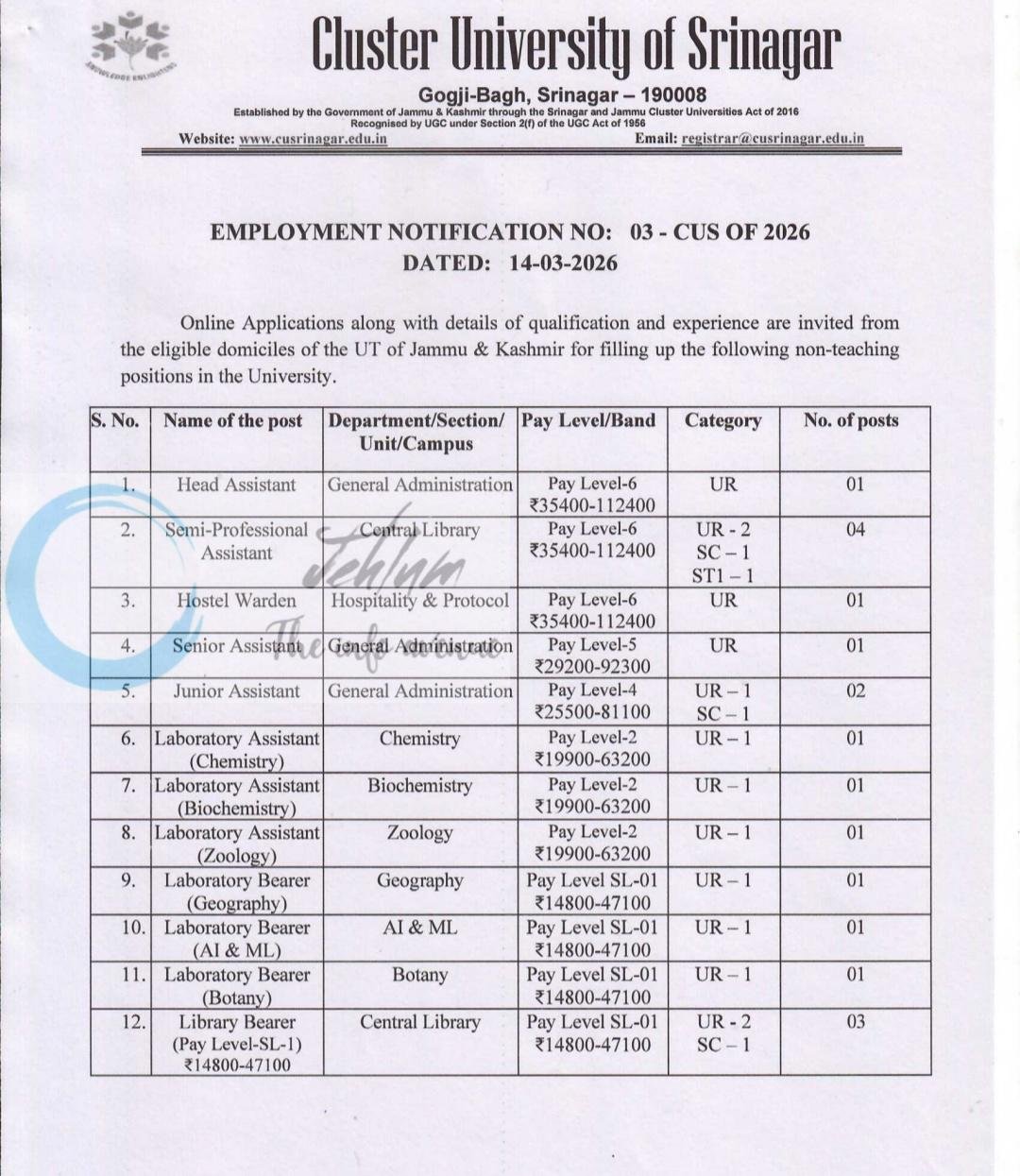 Cluster University of Srinagar CUS Non-Teaching Employment Notification 03-CUS OF 2026 1 Cluster University of Srinagar CUS Non-Teaching Employment Notification 03-CUS OF 2026