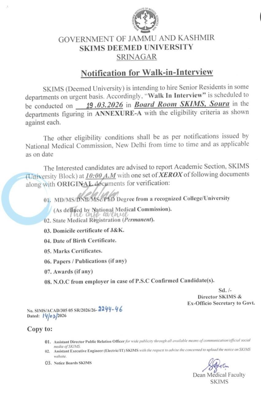 SKIMS Srinagar Senior Residents Walk-in Interview Notification SKIMS/ACAD/305 05 SR/2026/26-2244-46 1 SKIMS Srinagar Senior Residents Walk-in Interview Notification SKIMS/ACAD/305 05 SR/2026/26-2244-46