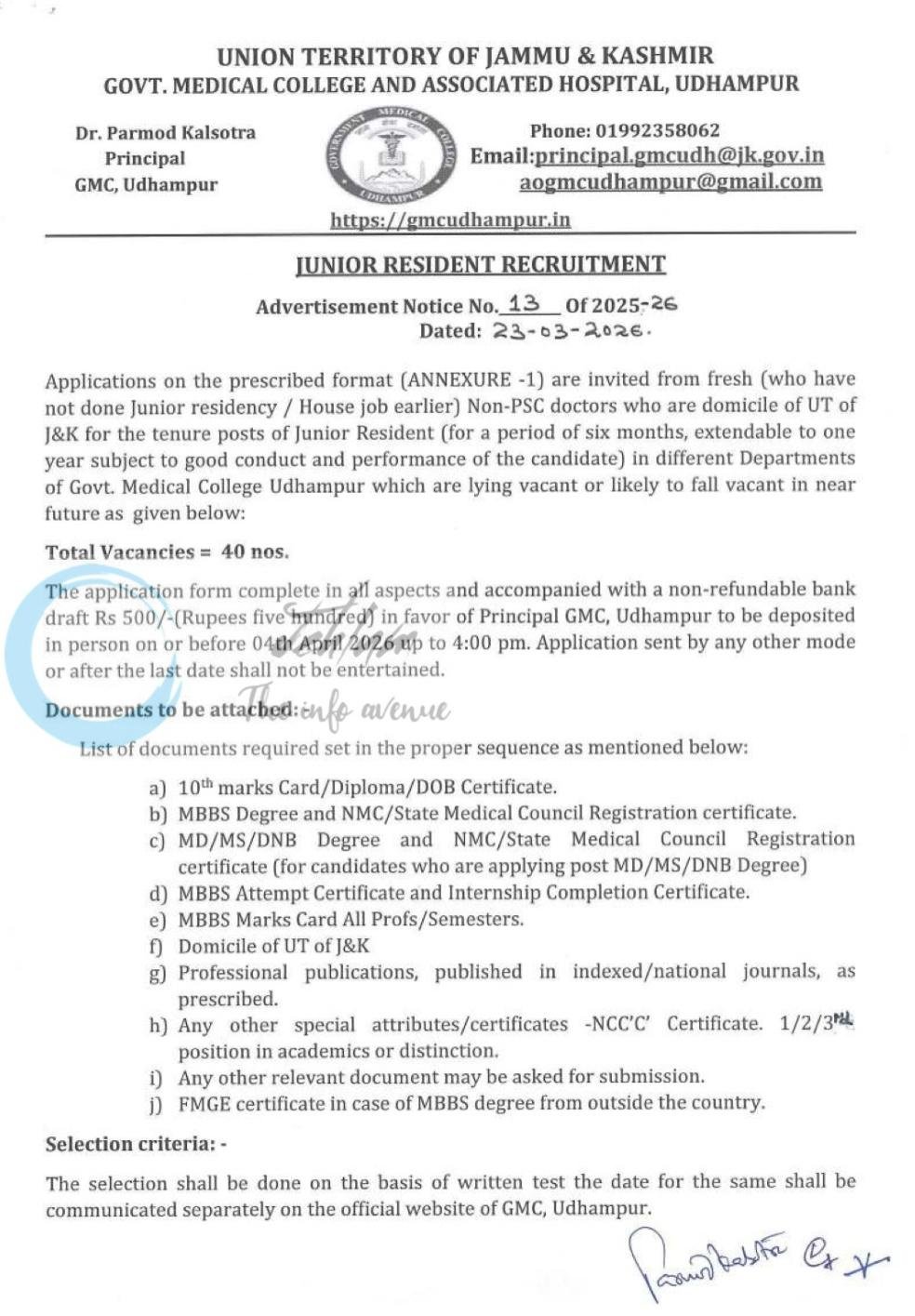 Govt Medical College GMC Udhampur Junior Resident Recruitment Advertisement Notice No 13 of 2025-26 1 Govt Medical College GMC Udhampur Junior Resident Recruitment Advertisement Notice No 13 of 2025-26