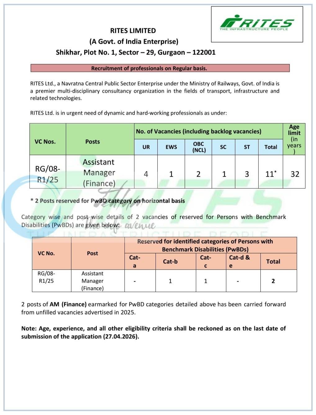 RITES LIMITED Gurgaon Assistant Manager Finance Recruitment Advt Notice RG/08-R1/25 1 RITES LIMITED Gurgaon Assistant Manager Finance Recruitment Advt Notice RG/08-R1/25