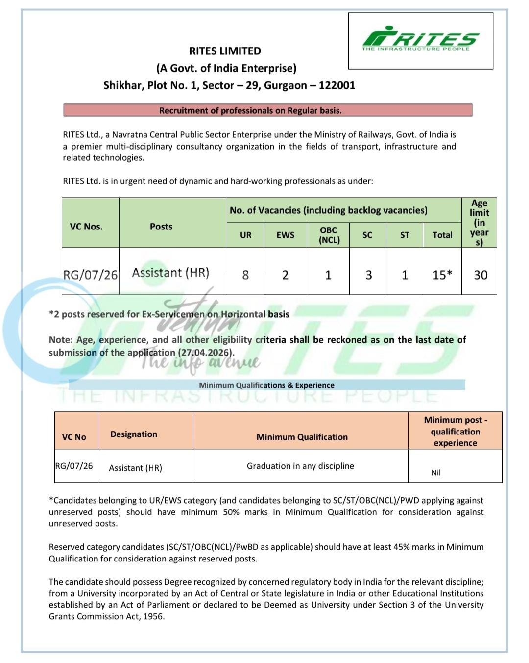 RITES Limited Assistant HR Recruitment Advt Notice RG/07/26 1 RITES Limited Assistant HR Recruitment Advt Notice RG/07/26