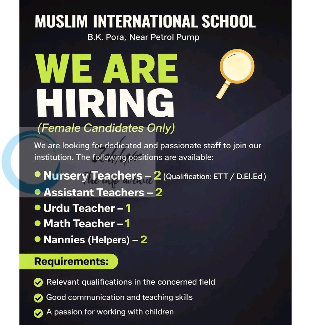 MUSLIM INTERNATIONAL SCHOOL B K Pora Nursery Teachers Urdu Teacher Math Teacher job opportunities 2026