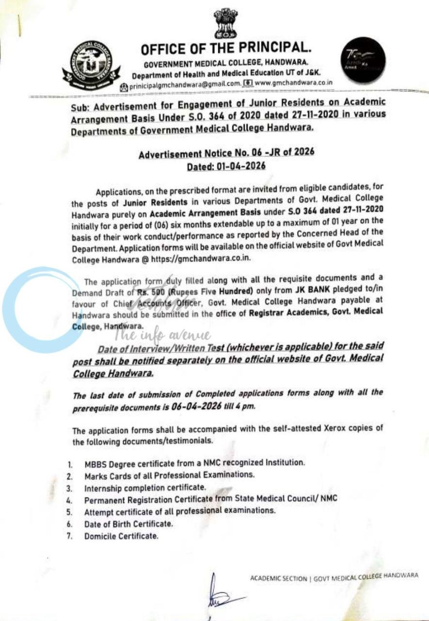 GOVERNMENT MEDICAL COLLEGE GMC HANDWARA JUNIOR RESIDENTS job opportunities NOTICE 06 -JR OF 2026
