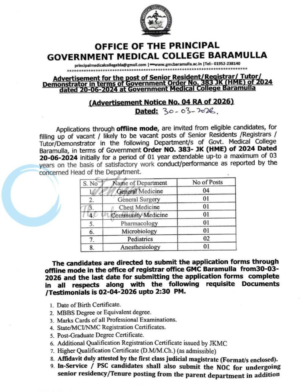 GOVERNMENT MEDICAL COLLEGE GMC BARAMULLA SENIOR RESIDENT REGISTRAR TUTOR DEMONSTRATOR NO. 04 RA OF 2026