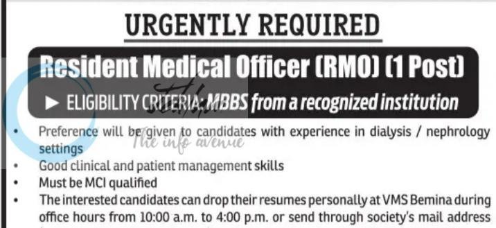 VOLUNTARY MEDICARE SOCIETY VMS Srinagar Resident Medical Officer job opportunities 2026