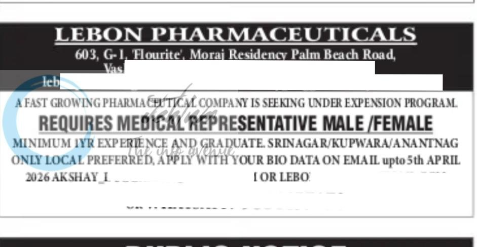 LEBON PHARMACEUTICALS Medical Representative Srinagar Kupwara Anantnag job opportunities 2026