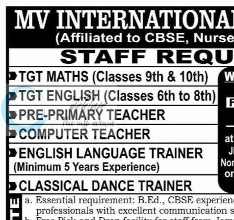 MV INTERNATIONAL SCHOOL MVIS SAMBA TGT MATHS TGT ENGLISH COMPUTER TEACHER job opportunities 2026