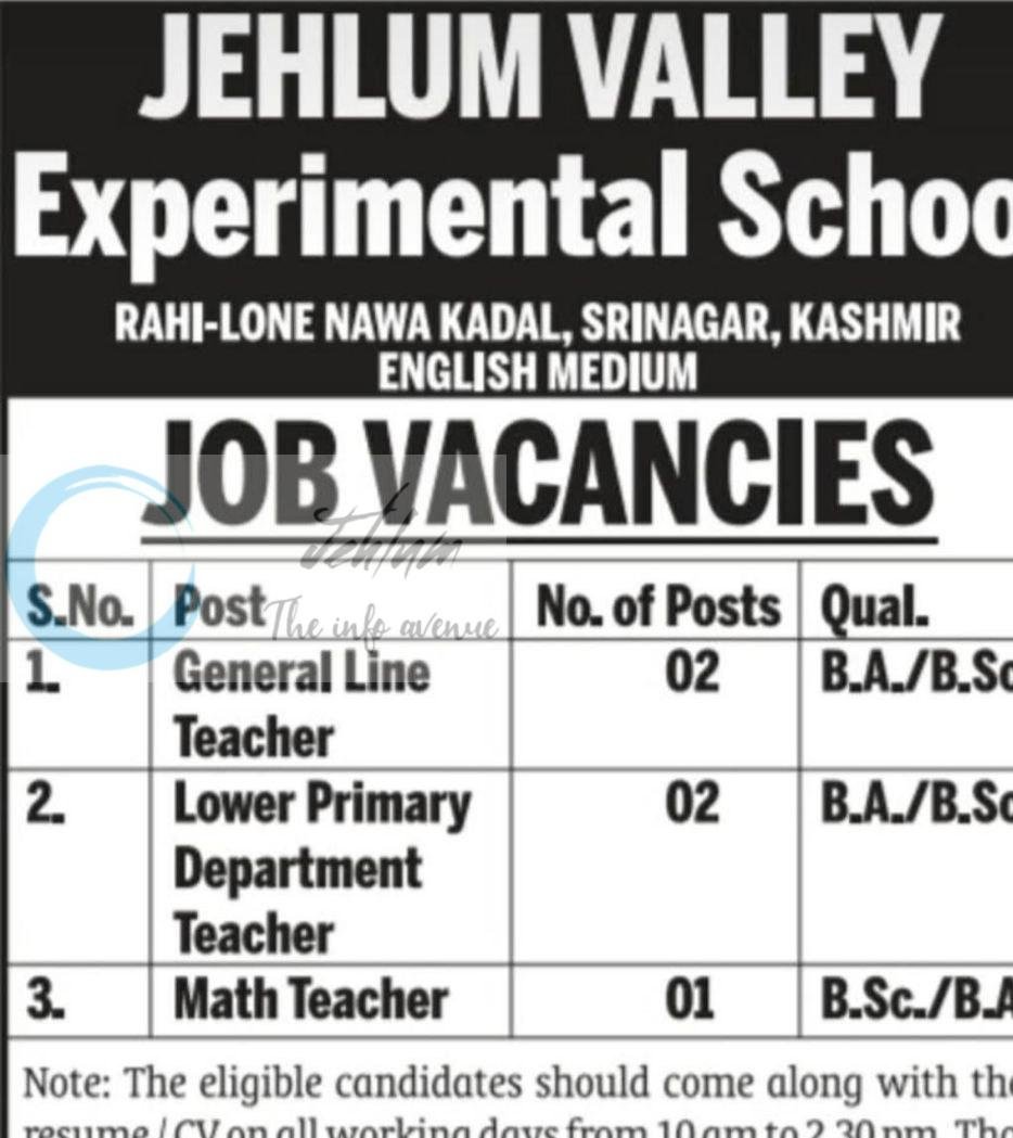 JEHLUM VALLEY EXPERIMENTAL SCHOOL JVES SRINAGAR GENERAL LINE TEACHER MATH TEACHER job opportunities 2026