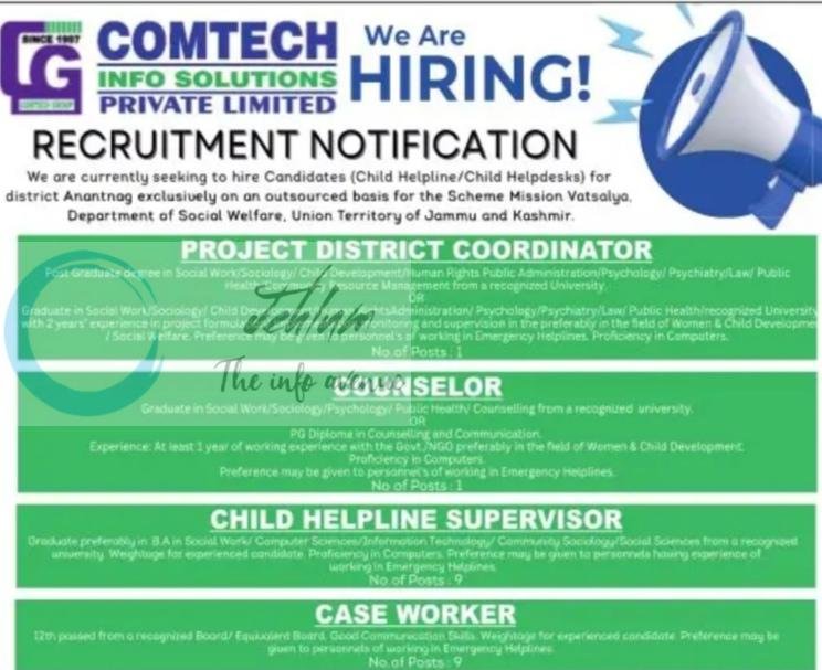 Comtech Info Solutions Private Limited Anantnag Project District Coordinator Counselor Child Helpline Supervisor Case Worker job opportunities 2026