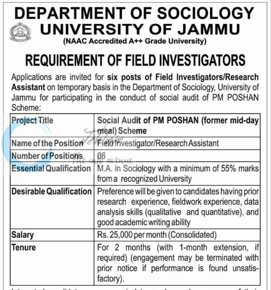 University of Jammu JU Department of Sociology Jammu Field Investigator Research Assistant job opportunities notice PGD/SOC/26/351