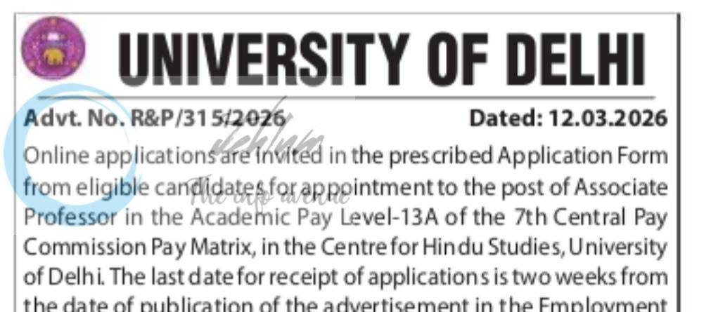 University of Delhi DU Centre for Hindu Studies Associate Professor job opportunities notice RandP/315/2026
