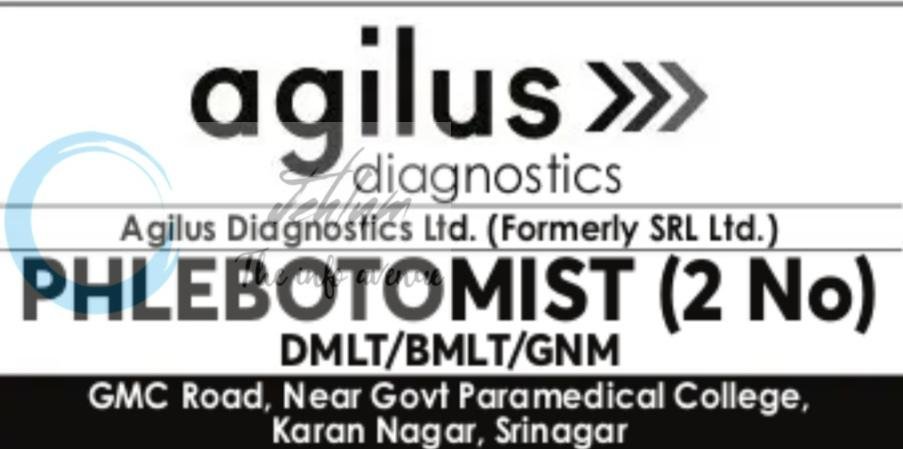 Agilus Diagnostics Ltd AD Srinagar Phlebometrist job opportunities 2026