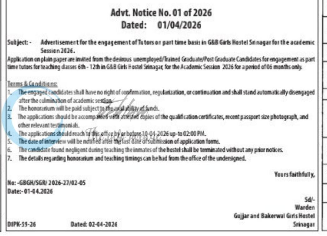 G and B Girls Hostel Srinagar Department of Tribal Affairs Srinagar Part Time Tutors job opportunities notice 01 of 2026