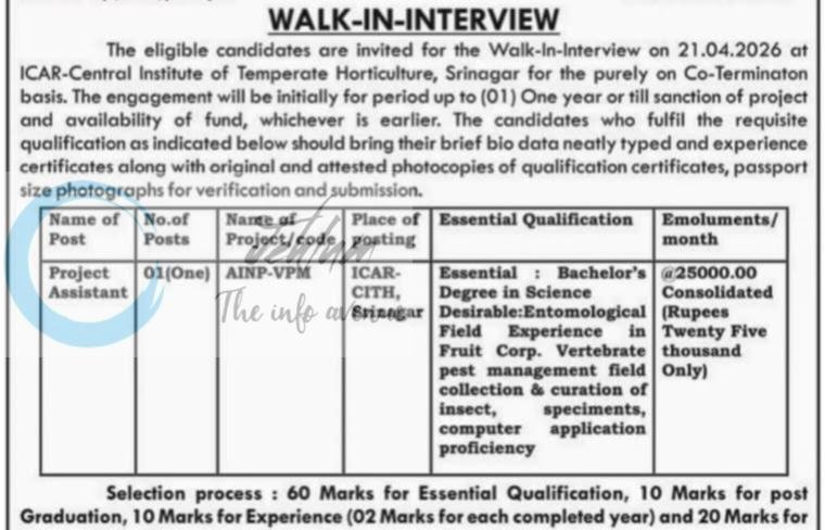 ICAR Central Institute of Temperate Horticulture ICAR-CITH Srinagar Project Assistant Walk-in Interview Notification 2026